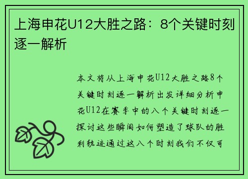 上海申花U12大胜之路：8个关键时刻逐一解析