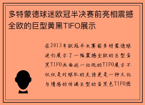多特蒙德球迷欧冠半决赛前亮相震撼全欧的巨型黄黑TIFO展示